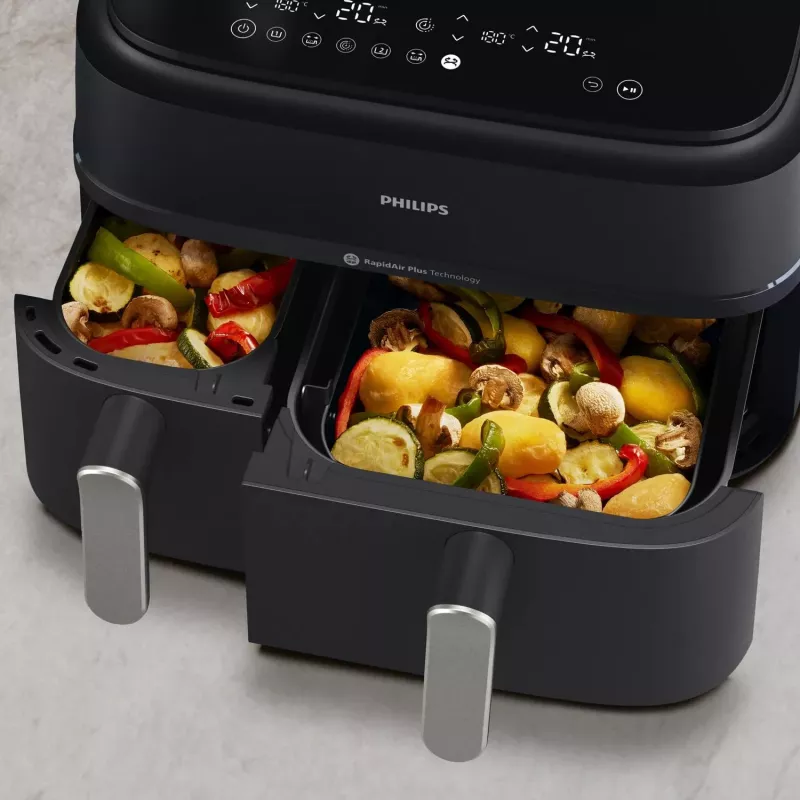 Karšto oro gruzdintuvė Philips 5000 serija NA551/00 — 9 l talpa, 2300 W, jutiklinis valdymas, LED ekranas, juoda/sidabrinė