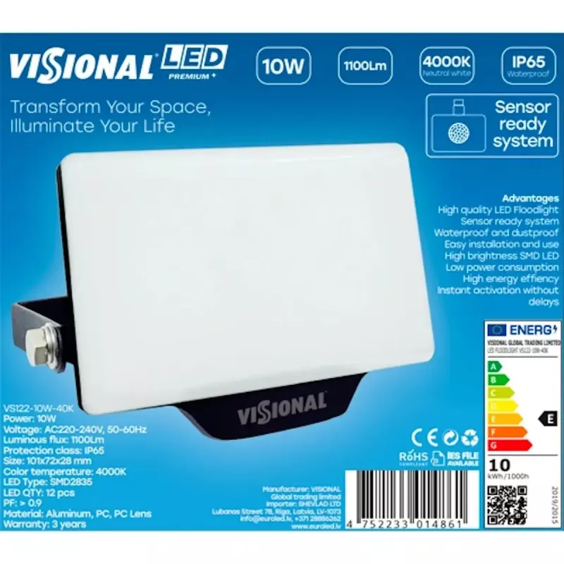 LED sieninis šviestuvas VISIONAL VS122-10W-40K — 10 W, 1100 lm, 4000 K išorės/fasadų apšvietimui