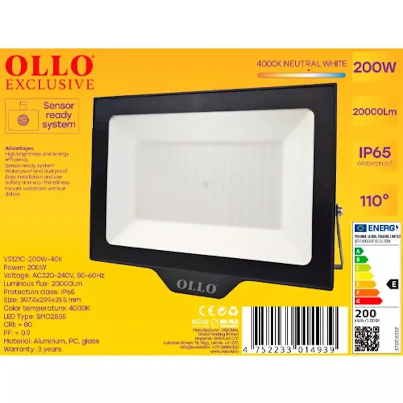 Išorinis LED prožektorius OLLO VS121C-200W-40K — 200 W, 20 000 lm, 4000 K