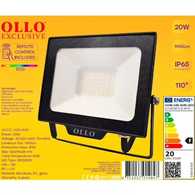 Lauko LED prožektorius OLLO VS121C-20W-RGB 20W 1900lm RGB