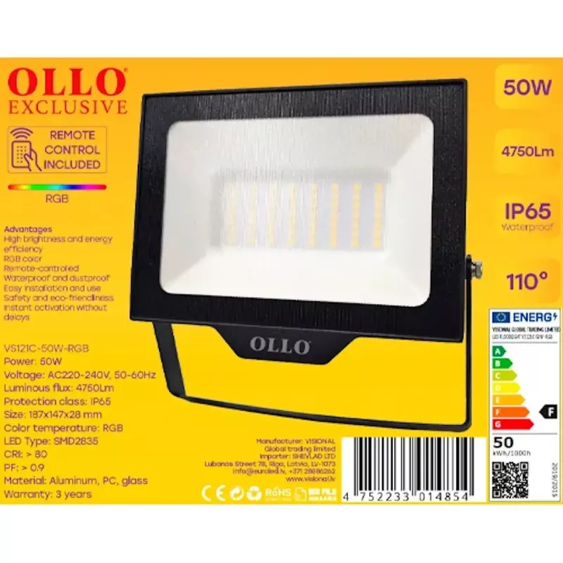 Lauko LED prožektorius OLLO VS121C-50W-RGB — 50 W, 4750 lm, RGB