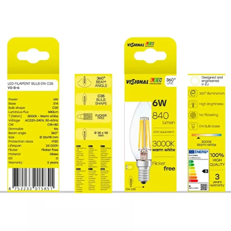 LED lemputė VISIONAL VS-B-6, 6 W galia, 840 lm šviesos srautas