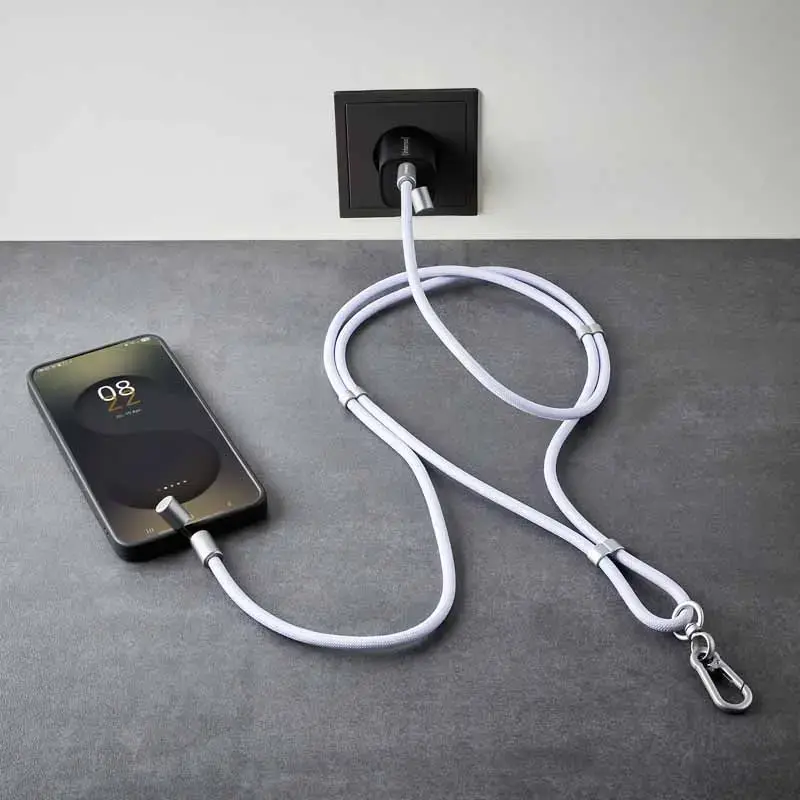 Intenso USB-C įkrovimo dirželis telefono kaklo kabelis 60W greitas įkrovimas reguliuojamo ilgio 1,65 m nailonas violetinis