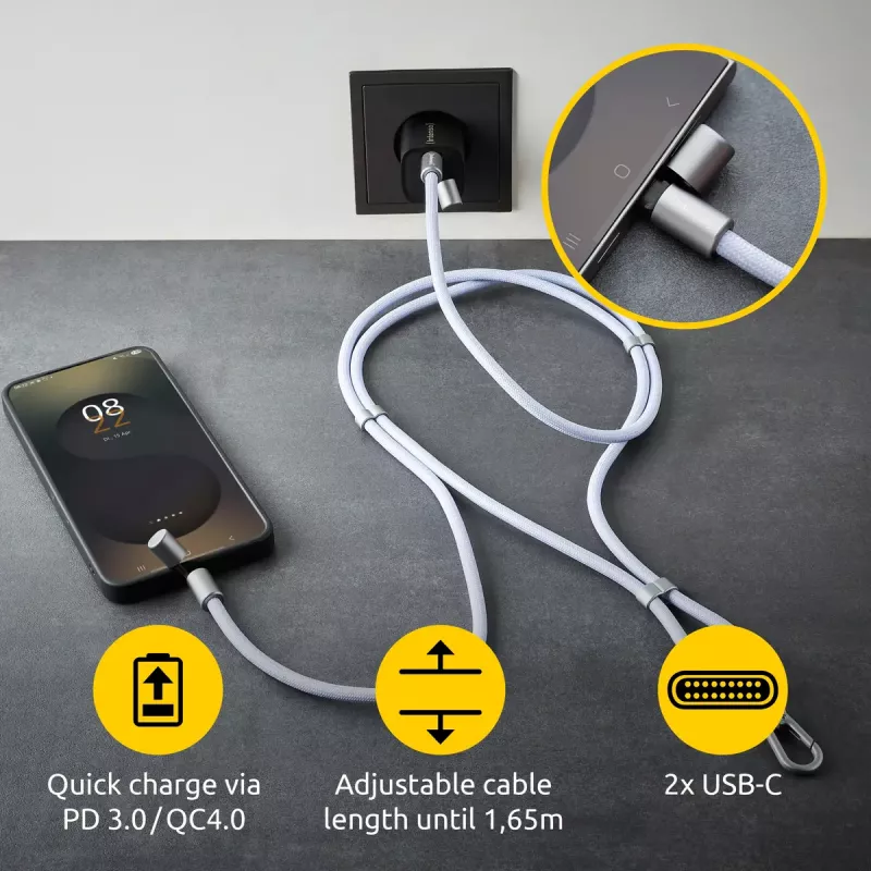 Intenso USB-C įkrovimo dirželis telefono kaklo kabelis 60W greitas įkrovimas reguliuojamo ilgio 1,65 m nailonas violetinis
