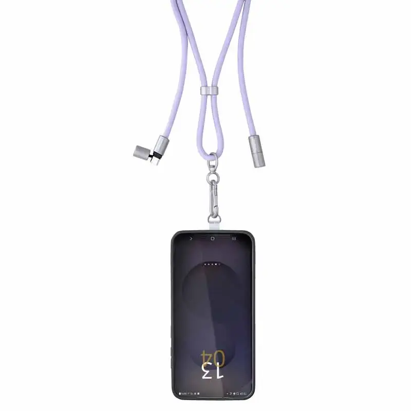 Intenso USB-C įkrovimo dirželis telefono kaklo kabelis 60W greitas įkrovimas reguliuojamo ilgio 1,65 m nailonas violetinis