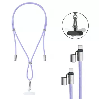 Intenso USB-C įkrovimo dirželis telefono kaklo kabelis 60W greitas įkrovimas reguliuojamo ilgio 1,65 m nailonas violetinis