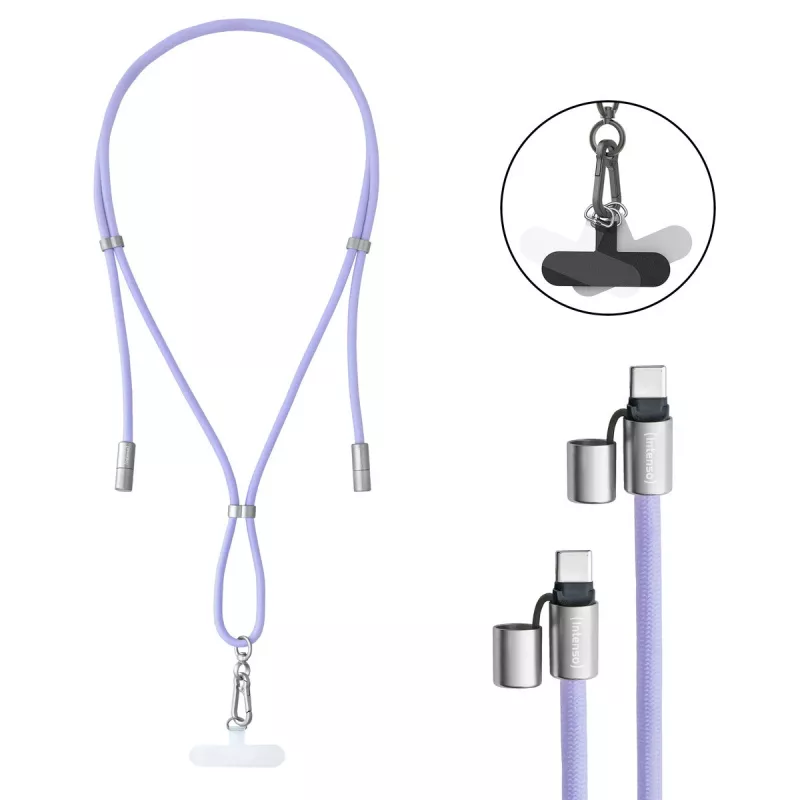 Intenso USB-C įkrovimo dirželis telefono kaklo kabelis 60W greitas įkrovimas reguliuojamo ilgio 1,65 m nailonas violetinis