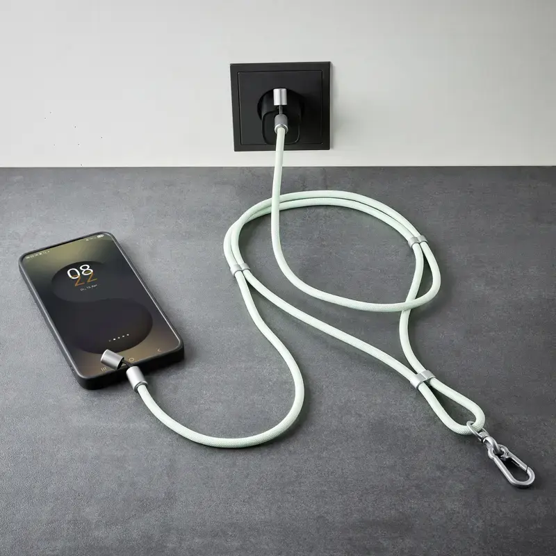 Intenso USB-C įkrovimo dirželis, telefono kaklo kabelis, 60 W greitas įkrovimas, reguliuojamas ilgis, 1,65 m, nailonas, žalias