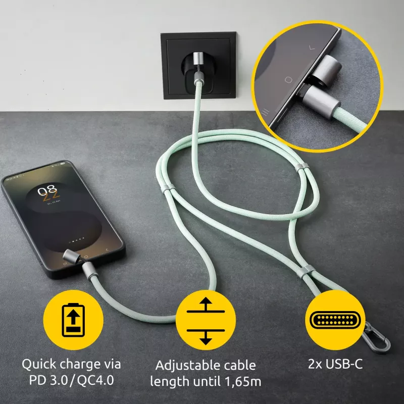 Intenso USB-C įkrovimo dirželis, telefono kaklo kabelis, 60 W greitas įkrovimas, reguliuojamas ilgis, 1,65 m, nailonas, žalias