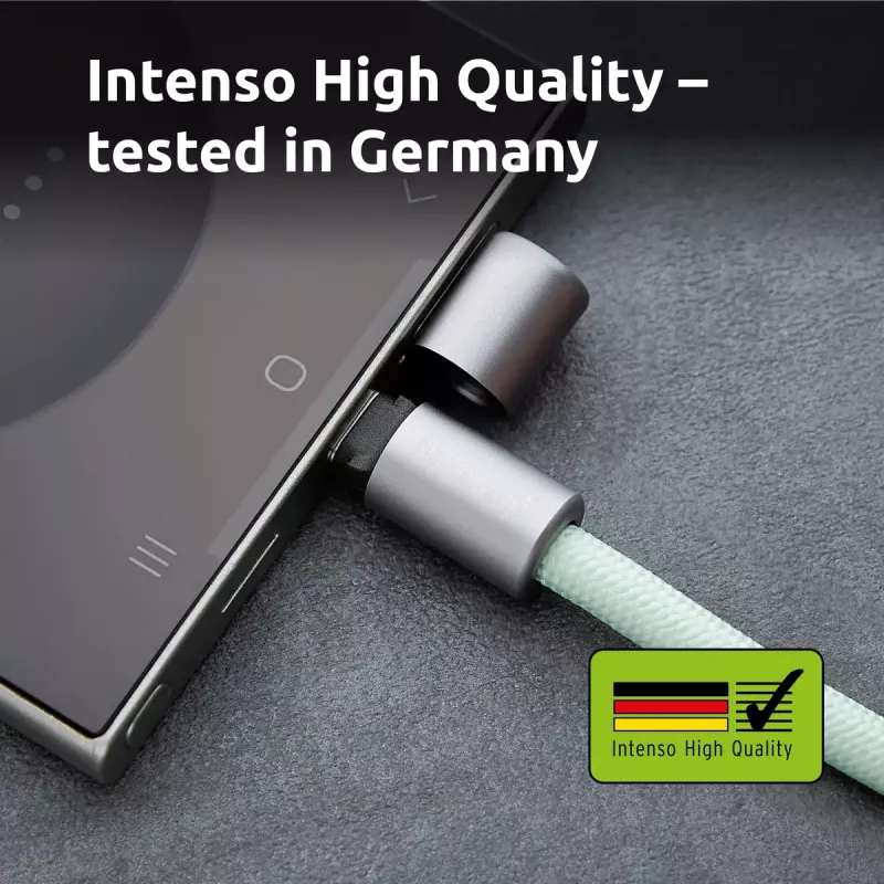 Intenso USB-C įkrovimo dirželis, telefono kaklo kabelis, 60 W greitas įkrovimas, reguliuojamas ilgis, 1,65 m, nailonas, žalias