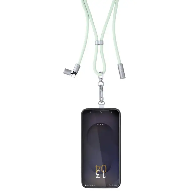 Intenso USB-C įkrovimo dirželis, telefono kaklo kabelis, 60 W greitas įkrovimas, reguliuojamas ilgis, 1,65 m, nailonas, žalias