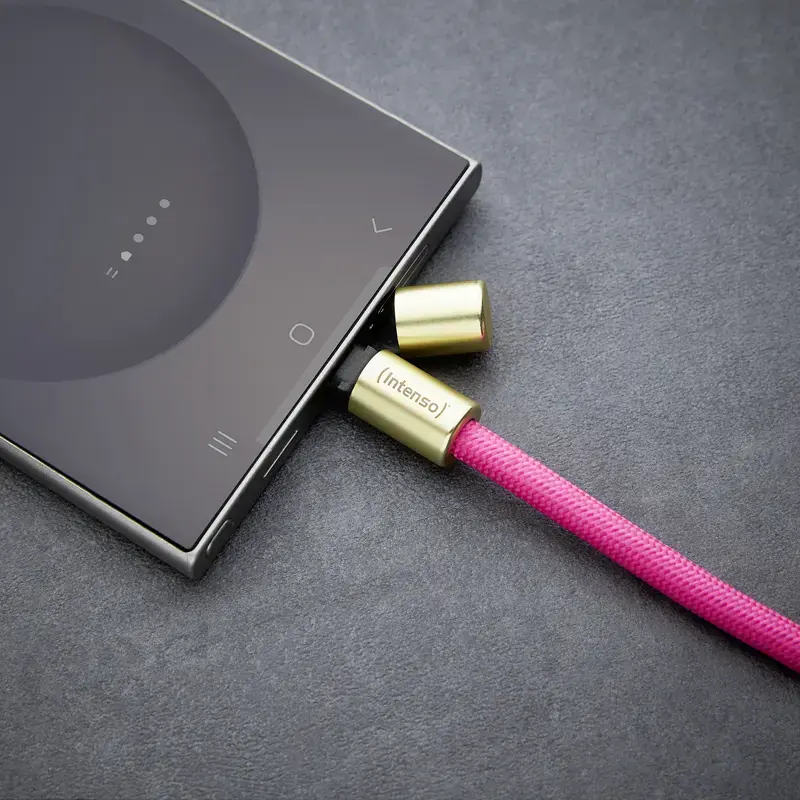 Intenso USB-C įkrovimo laikiklis, telefono kaklo dirželis, laidas, 60 W greitasis įkrovimas, reguliuojamo ilgio, 1,65 m, nailonas, neoninė rožinė