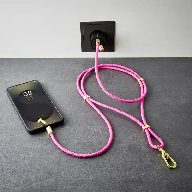 Intenso USB-C įkrovimo laikiklis, telefono kaklo dirželis, laidas, 60 W greitasis įkrovimas, reguliuojamo ilgio, 1,65 m, nailonas, neoninė rožinė