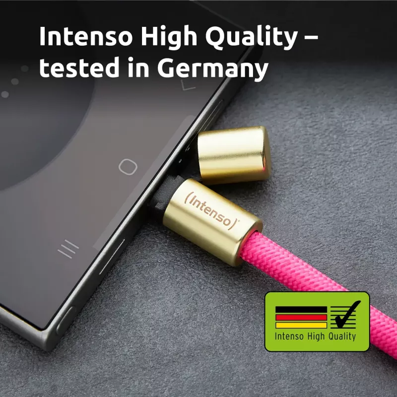 Intenso USB-C įkrovimo laikiklis, telefono kaklo dirželis, laidas, 60 W greitasis įkrovimas, reguliuojamo ilgio, 1,65 m, nailonas, neoninė rožinė