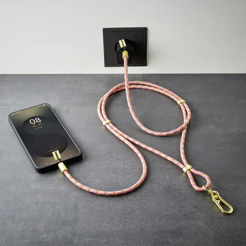 Intenso USB-C įkrovimo dirželio telefono kaklo laidas 60W greitas įkrovimas reguliuojamas ilgis 1,65 m nailonas įvairiaspalvis