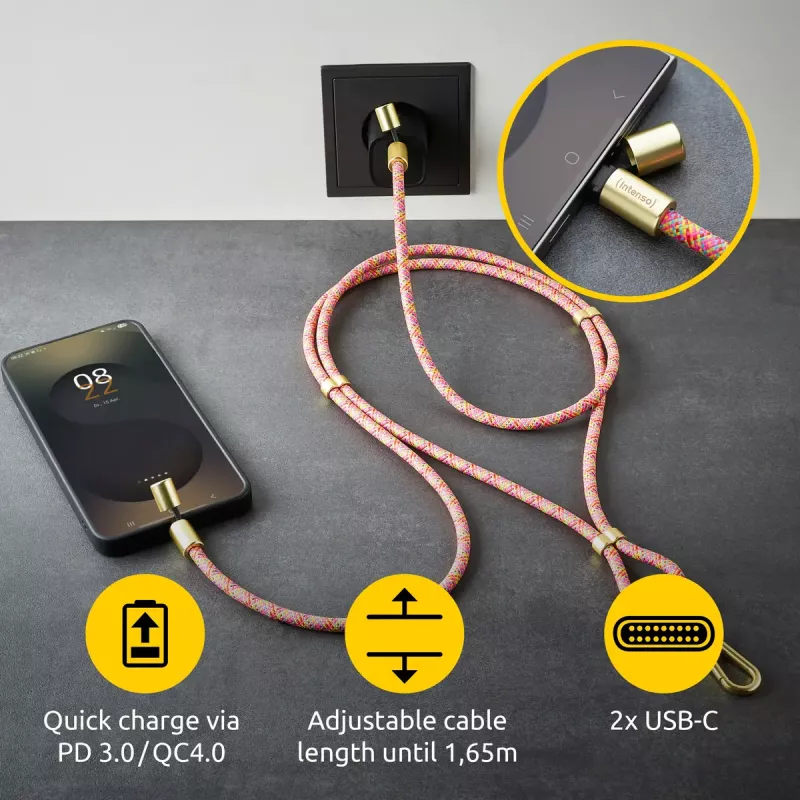 Intenso USB-C įkrovimo dirželio telefono kaklo laidas 60W greitas įkrovimas reguliuojamas ilgis 1,65 m nailonas įvairiaspalvis