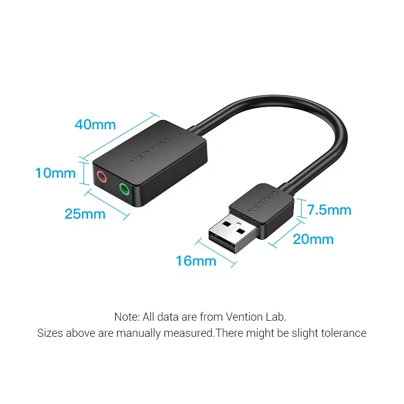 Vention 2 prievadų USB išorinė garso plokštė 0,15 m juoda 2.1 kanalai 16 bitų