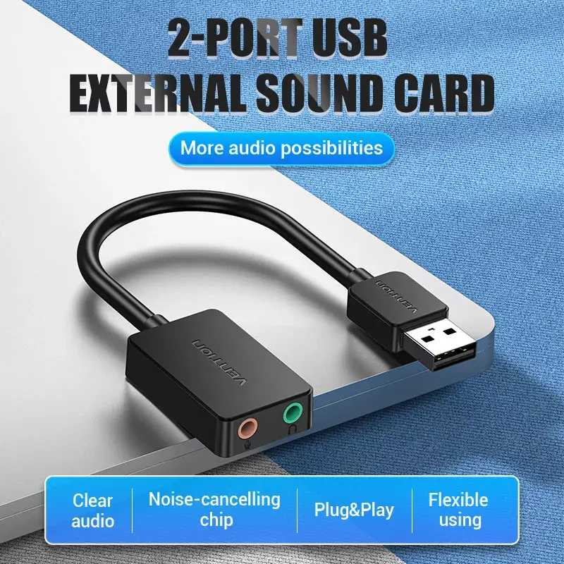 Vention 2 prievadų USB išorinė garso plokštė 0,15 m juoda 2.1 kanalai 16 bitų