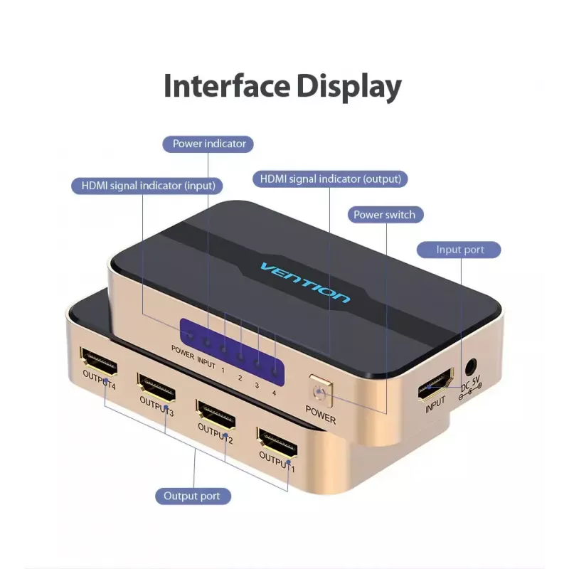 HDMI skirstytuvas Vention 1 į 4 išėjimai 4K@30Hz auksinis aliuminio lydinys