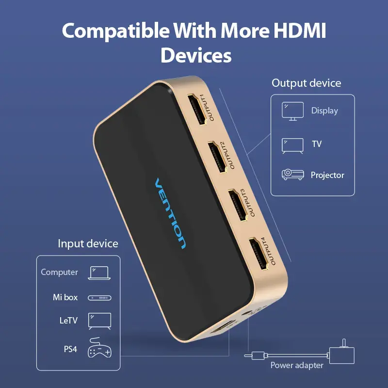 HDMI skirstytuvas Vention 1 į 4 išėjimai 4K@30Hz auksinis aliuminio lydinys