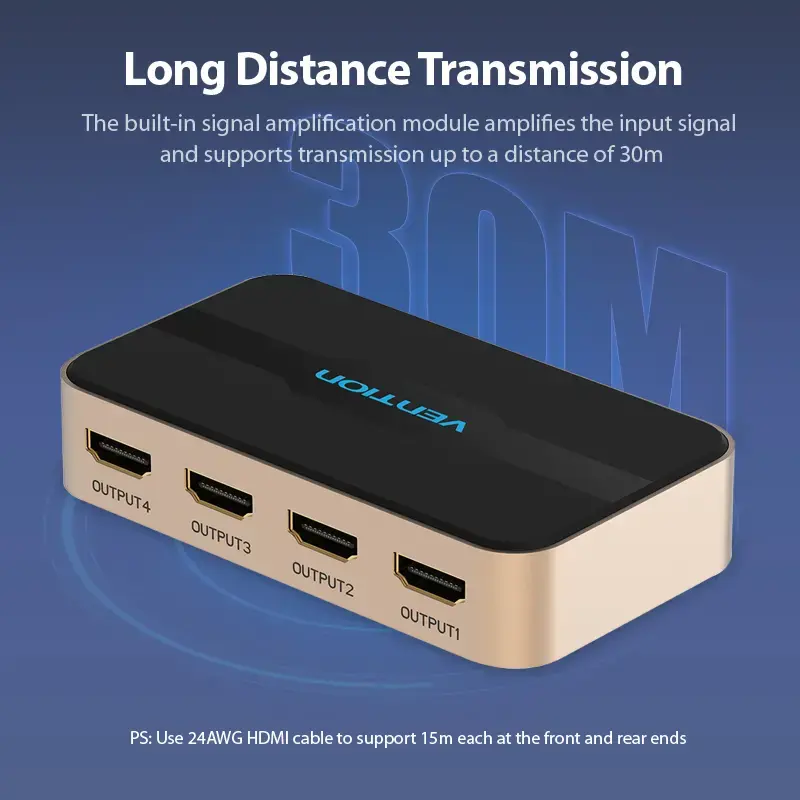 HDMI skirstytuvas Vention 1 į 4 išėjimai 4K@30Hz auksinis aliuminio lydinys