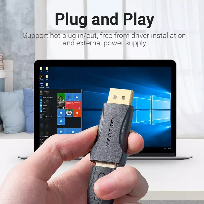 DisplayPort prie HDMI adapteris Vention HBOB0, DisplayPort kištukas prie HDMI lizdo, juodas, paauksuoti kontaktai