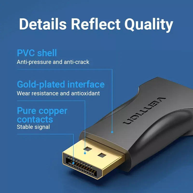 DisplayPort prie HDMI adapteris Vention HBOB0, DisplayPort kištukas prie HDMI lizdo, juodas, paauksuoti kontaktai