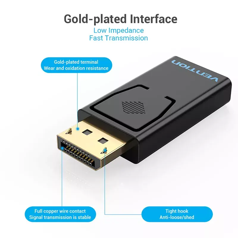 DisplayPort į HDMI adapteris Vention HBKB0 — DP kištukas į HDMI lizdą, juodas, paauksuotais kontaktais