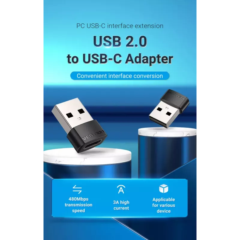 USB adapteris Vention CDWB0 USB 2.0 USB-A (vyriškas) į USB-C (moteriškas) juodas PVC