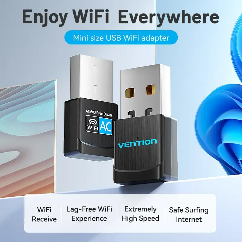 Vention USB Wi-Fi dviejų juostų adapteris 2.4G/5G juodas belaidis USB 433 Mbit/s