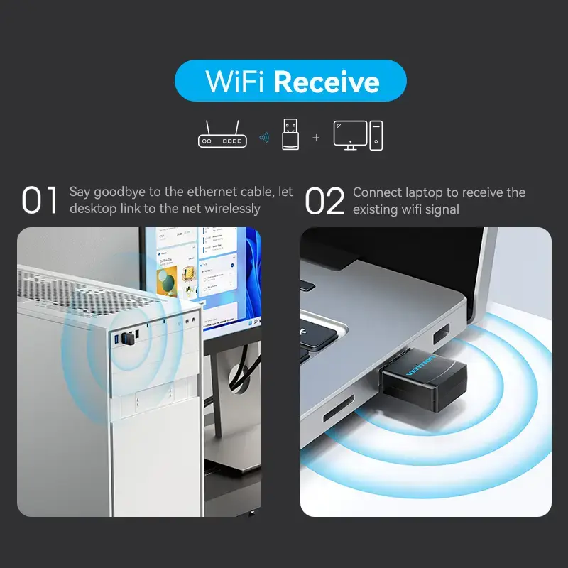 Vention USB Wi-Fi dviejų juostų adapteris 2.4G/5G juodas belaidis USB 433 Mbit/s