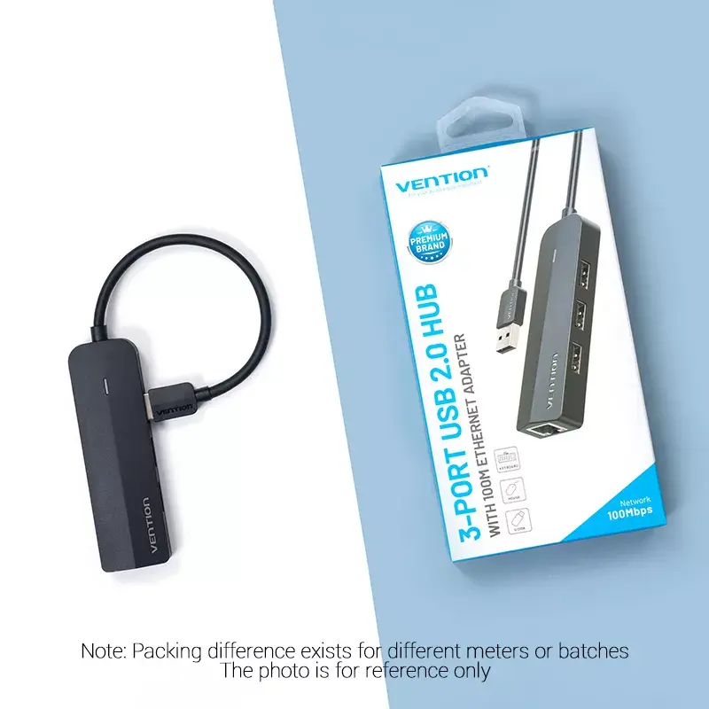 USB 2.0 šakotuvas Vention 3 prievadų su 100M Ethernet adapteriu, USB 2.0 pagrindinis įrenginys, 4 prievadai, juodas