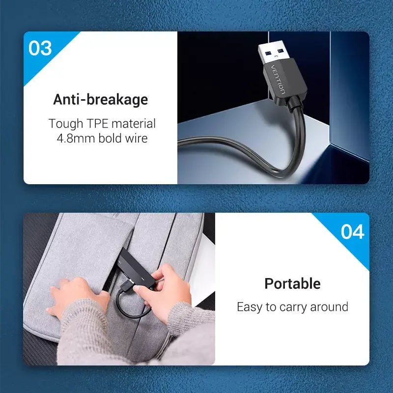 USB 2.0 šakotuvas Vention 3 prievadų su 100M Ethernet adapteriu, USB 2.0 pagrindinis įrenginys, 4 prievadai, juodas
