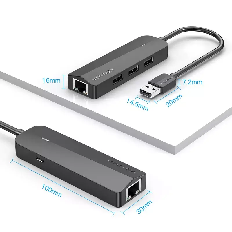USB 2.0 šakotuvas Vention 3 prievadų su 100M Ethernet adapteriu, USB 2.0 pagrindinis įrenginys, 4 prievadai, juodas