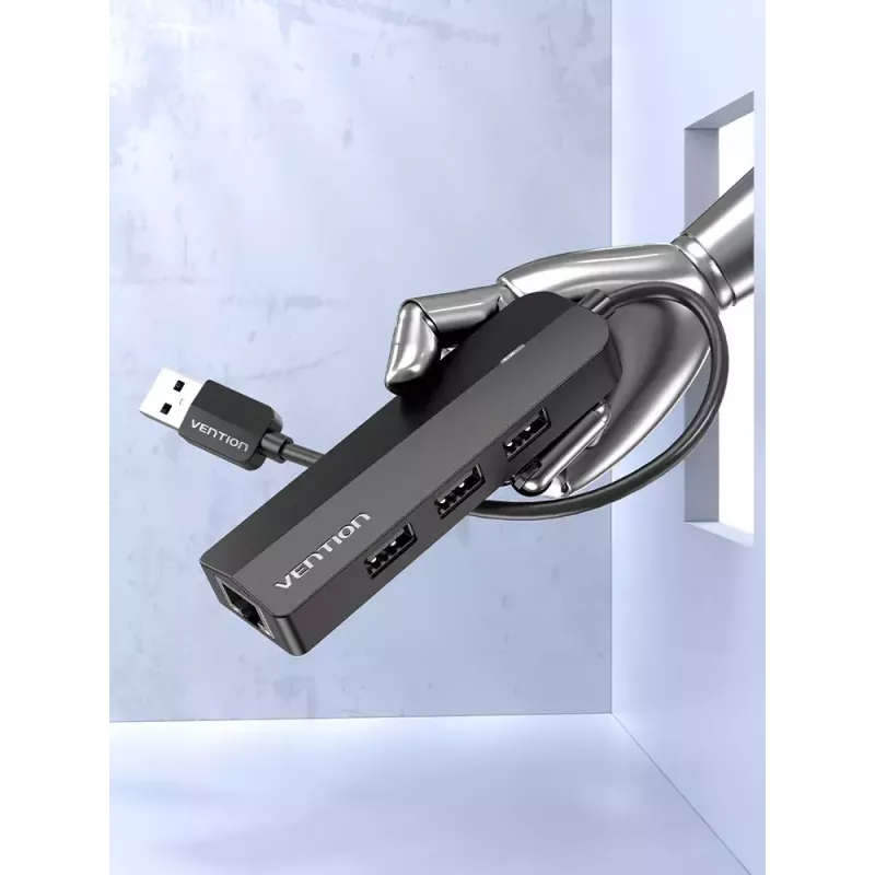 USB 2.0 šakotuvas Vention 3 prievadų su 100M Ethernet adapteriu, USB 2.0 pagrindinis įrenginys, 4 prievadai, juodas