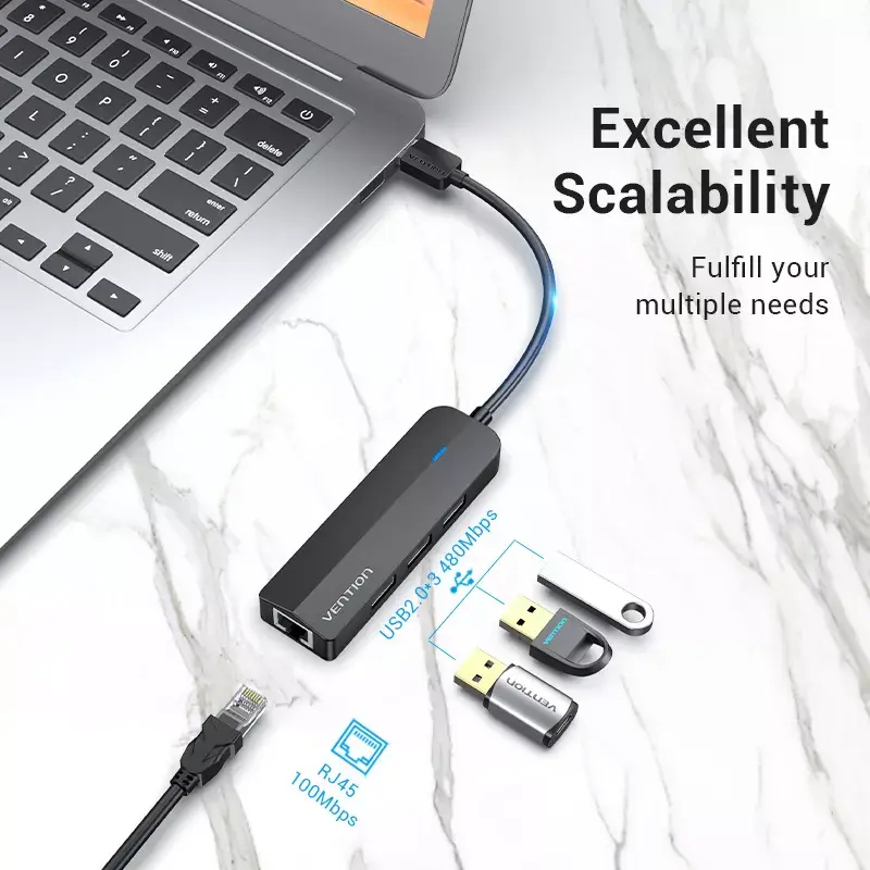 USB 2.0 šakotuvas Vention 3 prievadų su 100M Ethernet adapteriu, USB 2.0 pagrindinis įrenginys, 4 prievadai, juodas