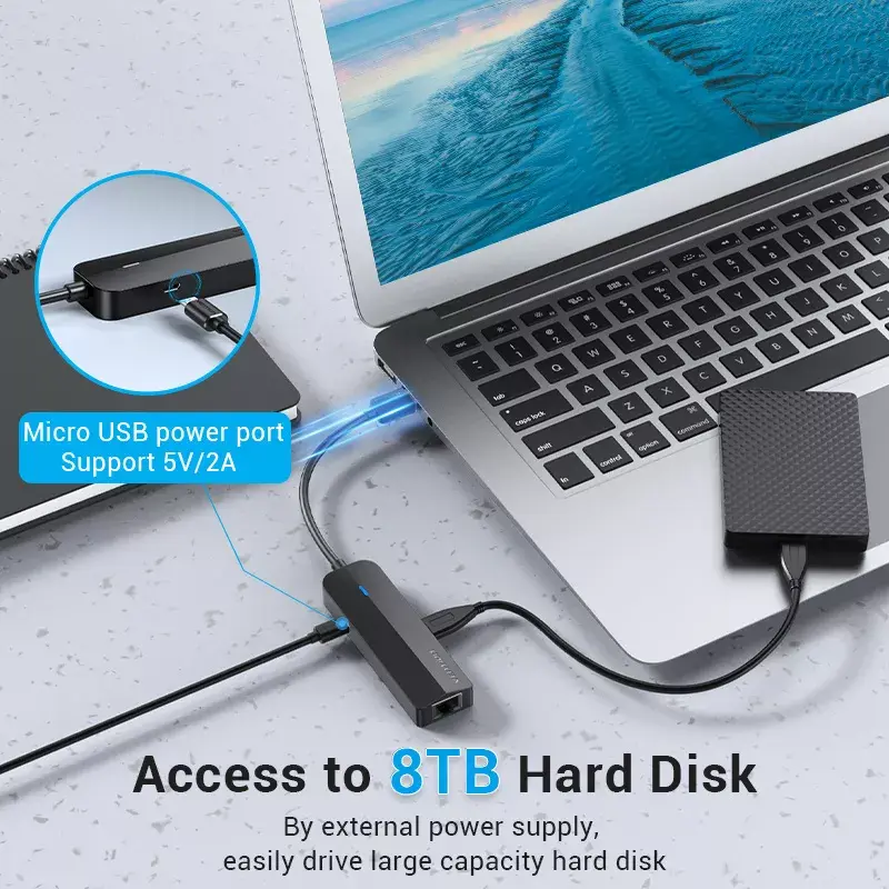 USB 2.0 šakotuvas Vention 3 prievadų su 100M Ethernet adapteriu, USB 2.0 pagrindinis įrenginys, 4 prievadai, juodas