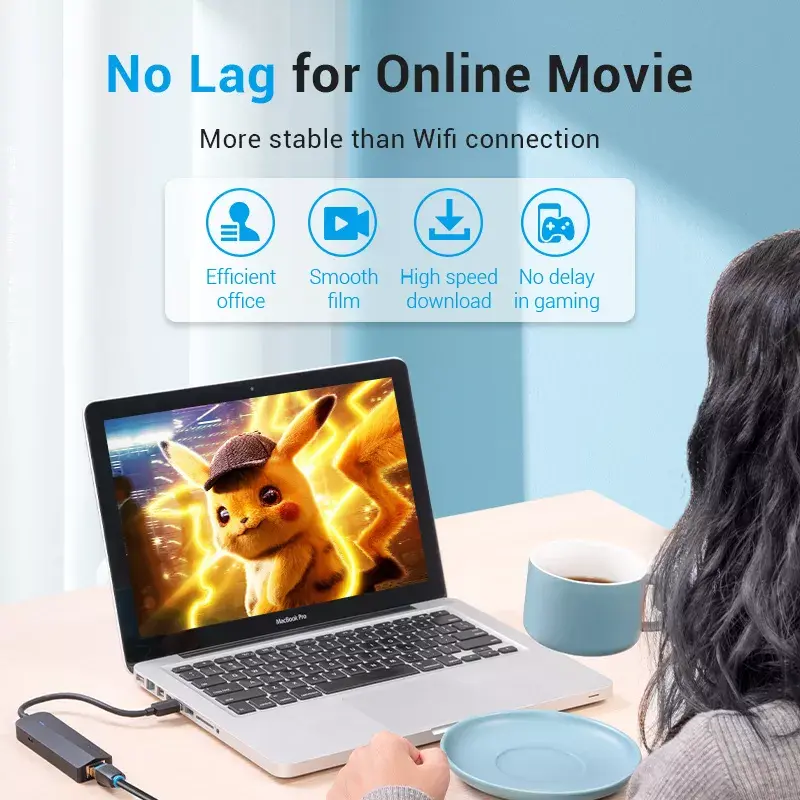 USB 2.0 šakotuvas Vention 3 prievadų su 100M Ethernet adapteriu, USB 2.0 pagrindinis įrenginys, 4 prievadai, juodas