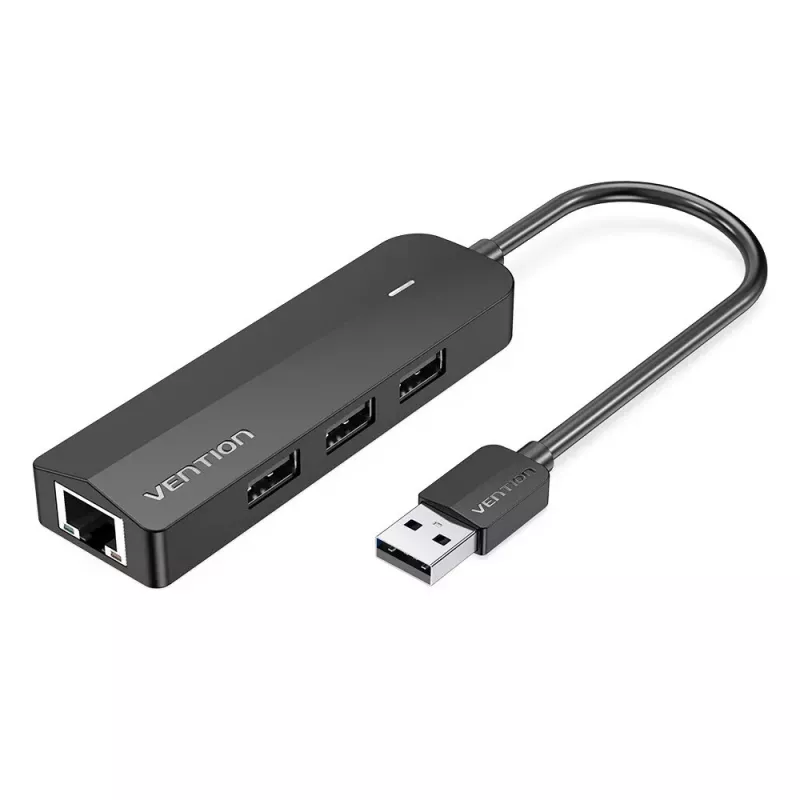 USB 2.0 šakotuvas Vention 3 prievadų su 100M Ethernet adapteriu, USB 2.0 pagrindinis įrenginys, 4 prievadai, juodas