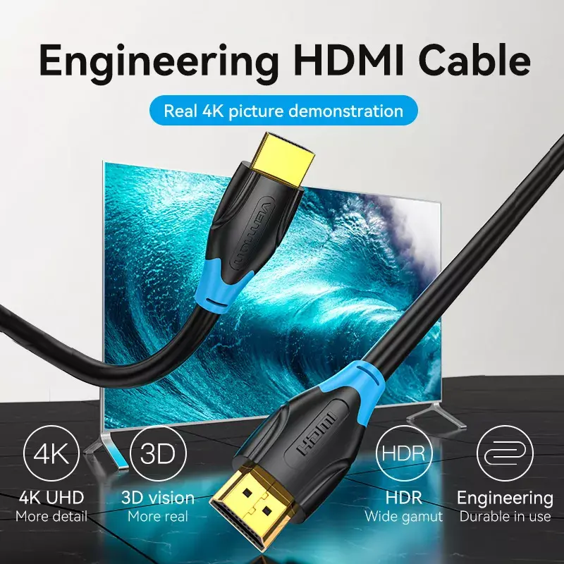 HDMI laidas Vention 2 m, HDMI 2.0, 18 Gbit/s, 4K@60Hz, HDR, ARC, Ethernet, juodas