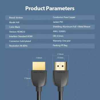 Vention nešiojamas HDMI laidas 3M juodas HDMI 2.0 18 Gbit/s