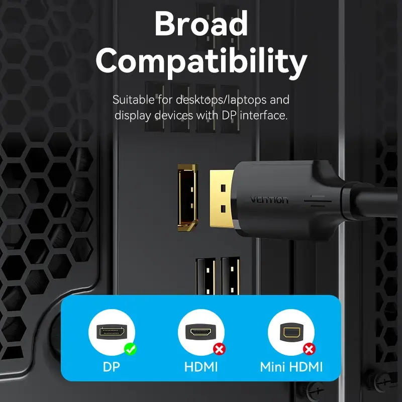DisplayPort laidas, kištukas–kištukas, Vention, 1,5 m, 4K HD, juodas, 6 mm skersmuo