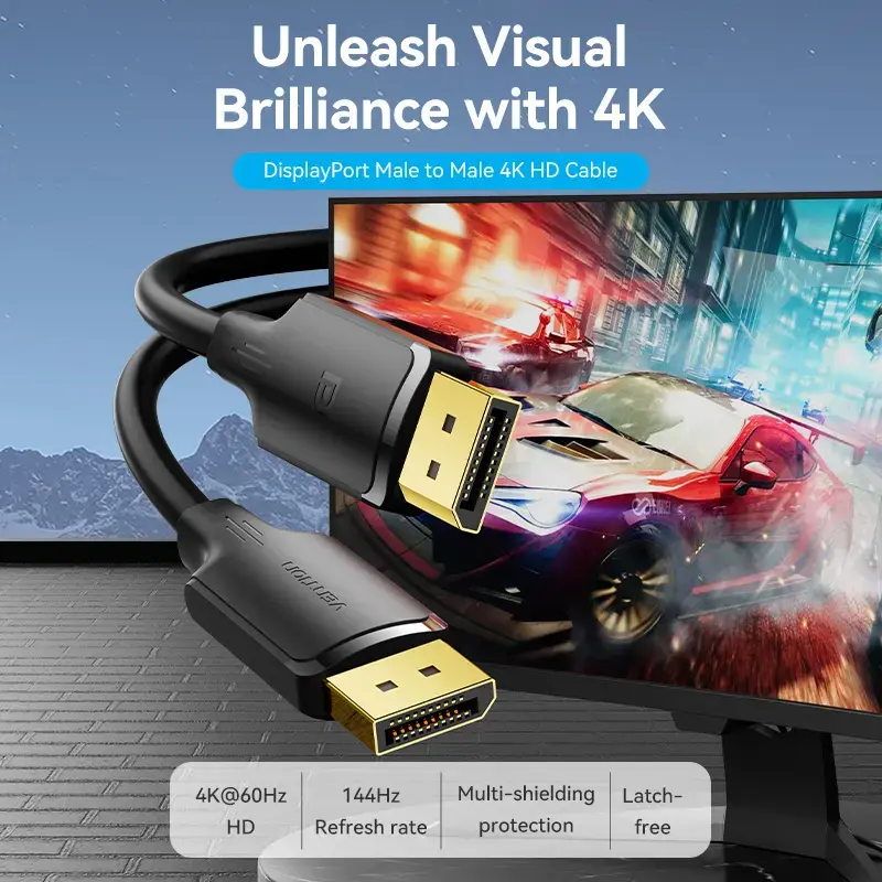 DisplayPort laidas, kištukas–kištukas, Vention, 1,5 m, 4K HD, juodas, 6 mm skersmuo