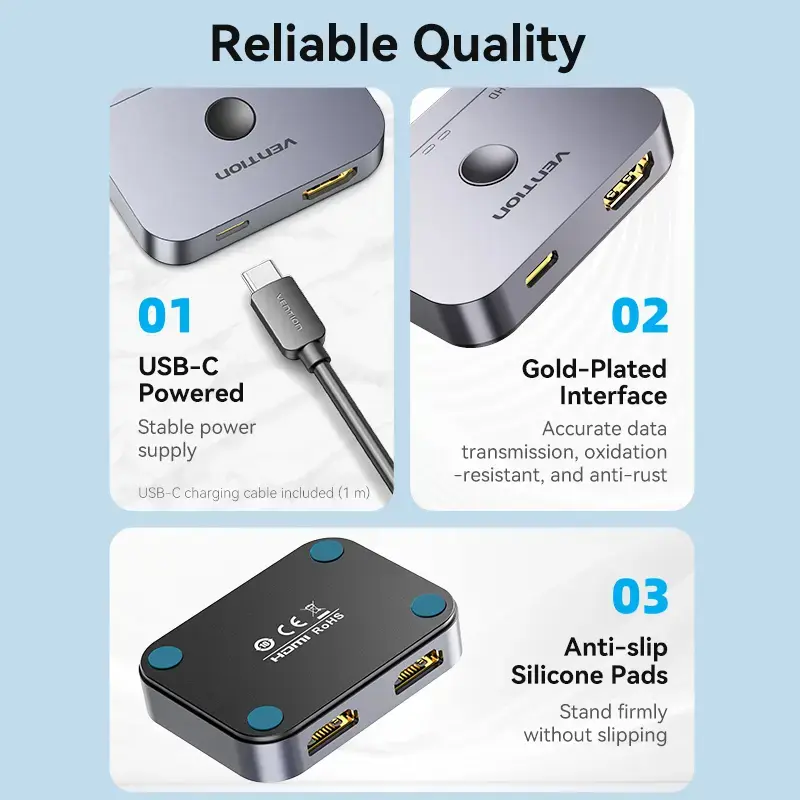 Vention 2 prievadų dvikryptis 8K HDMI komutatorius AKPH0, HDMI 2.1, 7680×4320@60Hz, USB-C maitinimas, aliuminis, pilkas