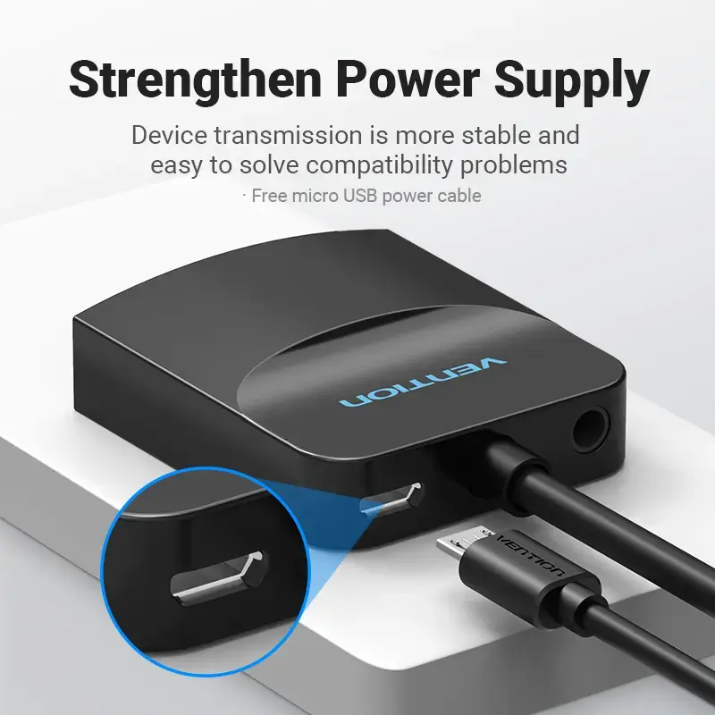 VGA į HDMI keitiklis Vention 0,15M juodas VGA HDMI Micro USB garsas