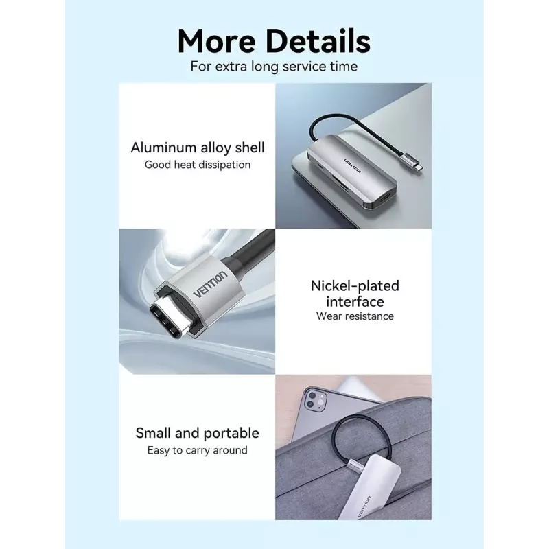Prijungimo stotelė Vention USB-C į HDMI USB 3.0x3 SD TF PD 100W Pilka