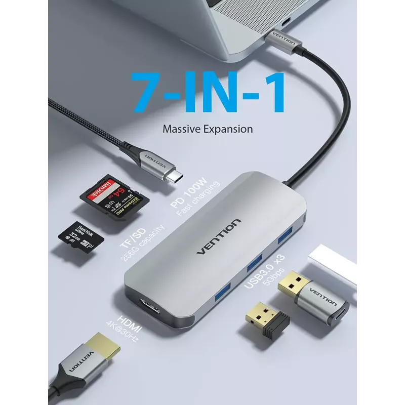 Prijungimo stotelė Vention USB-C į HDMI USB 3.0x3 SD TF PD 100W Pilka