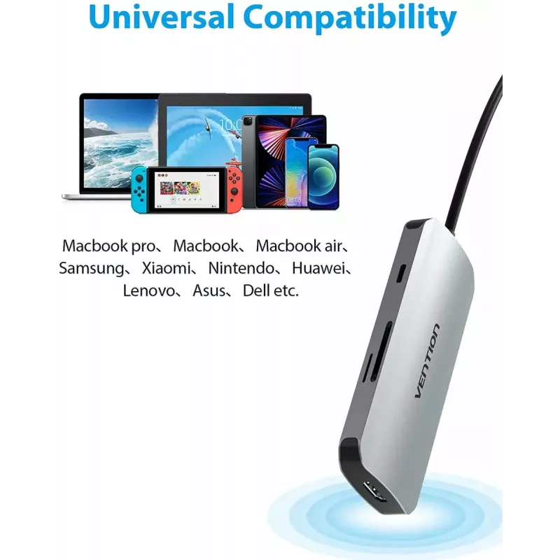 Prijungimo stotelė Vention USB-C į HDMI USB 3.0x3 SD TF PD 100W Pilka