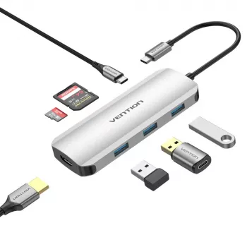 Prijungimo stotelė Vention USB-C į HDMI USB 3.0x3 SD TF PD 100W Pilka