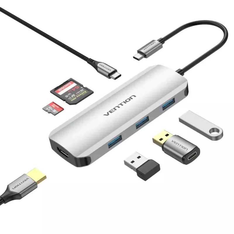 Prijungimo stotelė Vention USB-C į HDMI USB 3.0x3 SD TF PD 100W Pilka